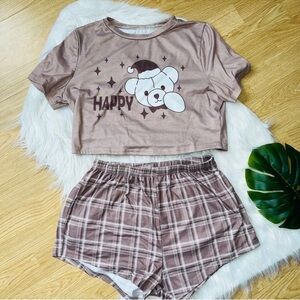 SHEIN | Brown & Plaid Teddy Bear Pajama Set Large